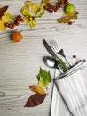 Fall or autumn themed place setting with a knife, fork and napkin, colorful leaves, berry Royalty Free Stock Photo