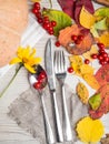 Fall or autumn themed place setting with a knife, spoon and fork, burlap napkin, colorful leaves, physalis, pumpkin, yellow flower Royalty Free Stock Photo