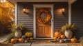 fall autumn wreath on brown front door and autumn decor on front door steps. ai generated