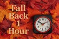 Fall Back 1 Hour with fall leaves and clock on wood for DST Royalty Free Stock Photo