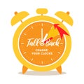 Fall Back time banner. Big orange alarm clock with example of changing arrow an hour back