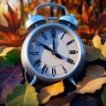 Fall Back Time - Daylight Savings End - Alarm clock in colorful autumn leaves against a dark background Royalty Free Stock Photo