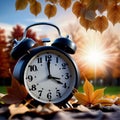 Fall Back Time - Daylight Savings End - Alarm clock in colorful autumn leaves against a dark background Royalty Free Stock Photo