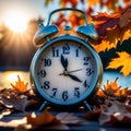 Fall Back Time - Daylight Savings End - Alarm clock in colorful autumn leaves against a dark background Royalty Free Stock Photo