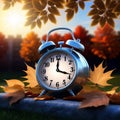 Fall Back Time - Daylight Savings End - Alarm clock in colorful autumn leaves against a dark background Royalty Free Stock Photo