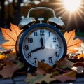 Fall Back Time - Daylight Savings End - Alarm clock in colorful autumn leaves against a dark background Royalty Free Stock Photo