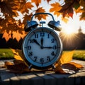 Fall Back Time - Daylight Savings End - Alarm clock in colorful autumn leaves against a dark background Royalty Free Stock Photo
