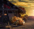 Fall in backyard with leaves falling from trees and pumpkins, autumn background Royalty Free Stock Photo