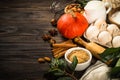 Fall baking ingredients on kitchen table.