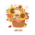 Fall bouquet Sunflowers autumn bouquet in basket. Fall flowers composition isolated on white. Autumn floral vector Royalty Free Stock Photo