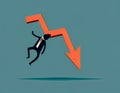 Fall of businessman with downtrend arrow. Flat vector. Concept of finance loss, bear market or bankruptcy