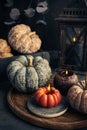 Fall candle decoration with pumpkins, wooden home decor still life scented candle Royalty Free Stock Photo