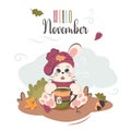 Fall card with cute pensive bunny dressed in winter warm hat and scarf.