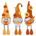 Fall cartoon vector gnomes with mug, pie on plate, and pumpkins on white background