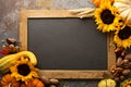 Fall chalkboard copy space with pumpkins and sunflowers