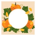 Fall circle template frame with pumpkins and autumn leaves with balnk space for text