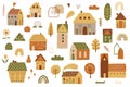 Fall city. Autumn city. Cute autumn house kit. Cottage houses isilated graphic elements. Childish houses. Cartoon