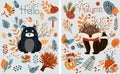 Fall collection, charming forest creatures autumn elements, cute bear, raccoon, vibrant trees, fall leaves, colorful Royalty Free Stock Photo