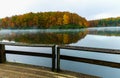 Fall Color and Fishing Pier Reflection on Boley Lake Royalty Free Stock Photo