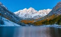 Fall color at Maroon lake at night after snow in Aspen, Colorado