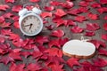 Fall color in red maple leaves on a rustic wood floor with a wood pumpkin and a white analog alarm clock