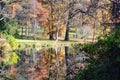 A fall day at the Morton Arboretum with reflections in Lake Marmo.