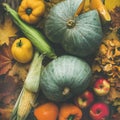 Fall colorful vegetables assortment over wooden table background, square crop Royalty Free Stock Photo