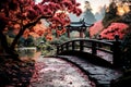 Fall colors by the Moon Bridge in Japanese Garden one foggy morning, Japanese inspirations