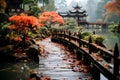 Fall colors by the Moon Bridge in Japanese Garden one foggy morning, Japanese inspirations