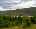 Fall colors over the Ustedalsfjorden fjord in the Buskerud region near Geilo, Norway