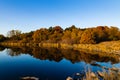 Fall colors in a park with reflections in the lake in Omaha Nebraska Royalty Free Stock Photo