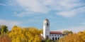 Fall colors souround the train depot Royalty Free Stock Photo