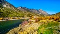 Fall colors surrounding the Thompson River at Goldpan Provincial Park on the Fraser Canyon route of the Trans Canada Highway, High Royalty Free Stock Photo