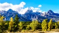 Fall Colors and the tall mountain peaks of Middle Teton, Grand Teton, Mount Owen and Teewinot Mountain in the Teton Range Royalty Free Stock Photo