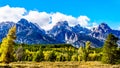 Fall Colors and the tall mountain peaks of Middle Teton, Grand Teton, Mount Owen and Teewinot Mountain in the Teton Range