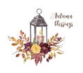 Fall composition with hand painted watercolor burgundy and orange flowers, vintage lantern and candle, colorful tree foliage