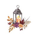 Beautiful fall vintage lantern arrangement on white background. Autumn decor with leaves, colorful flowers, tree branches. Royalty Free Stock Photo