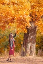 Fall concept - beautiful woman in autumn park under fall foliage Royalty Free Stock Photo