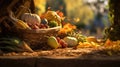 Fall cornucopia of fruits and vegetables in a warm country setting Royalty Free Stock Photo