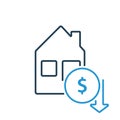 Fall of cost real estate. House and dollar coin line icon. Decrease of price in real estate. Arrow down line icon. Vector Royalty Free Stock Photo