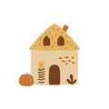 Fall cottage countryside house with pumpkin hand drawing Rural village element. Autumn landscape house
