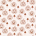 Fall cozy Halloween pumpkins and mushrooms seamless pattern background brown on white