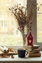 Cozy home still life: candlestick and books on windowsill against landscape outside. Autumn holidays, reading time concept Royalty Free Stock Photo