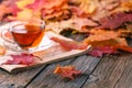 Fall creative art concept, maple leaves on table