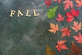 Fall. Creative autumn layout, colorful autumn leaves on a dark rustic background and the word of wooden letters-fall. Top view,