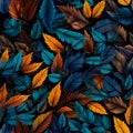 Fall dark blue and brown color leaves, colorful patterns, texture Royalty Free Stock Photo