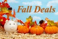 Fall Deals message with piggy bank and pumpkins and fall leaves with sky