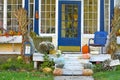 Fall Decorated Porch with Pumpkins and Blue Royalty Free Stock Photo