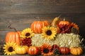 Fall background with pumpkins and florals. Thanksgiving decorations Royalty Free Stock Photo