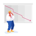 Fall and Depreciation Concept. Depressed Business Man Looking at Falling Down Red Arrow. Investor Lose Money